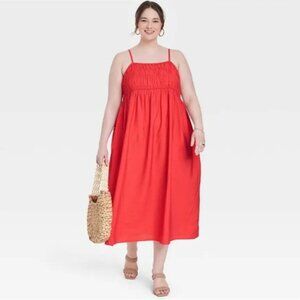 A New Day Airy Smocked Bodice Dark Coral Strappy Maxi Dress XXL